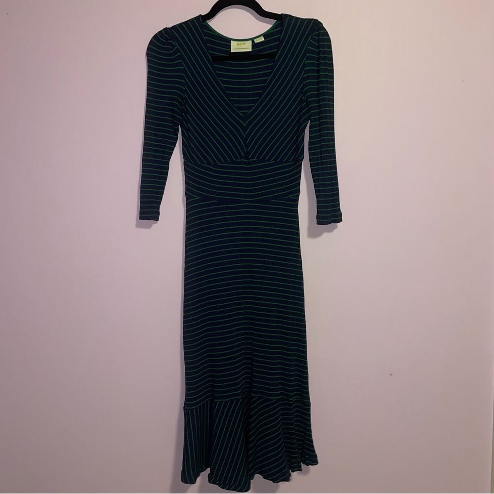 Anthropologie Maeve XS Midi Dress Blue Green Stripe 3/4 Sleeve